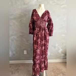 Cotton Maxi Dress Wine & Pink Floral Print Smocked Bodice Puff Sleeves Sz XXL